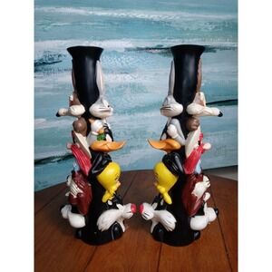 Vintage Looney Tunes Totem Candle Stick Holders 1995 Warner Bros Store-Set of 2